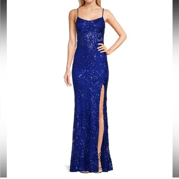 B. Darlin Spaghetti Strap Scoop Neck Back Lace Up Long Prom Dress, Womens, 7, Electric Blue B. Darlin Spaghetti Strap Scoop Neck Back Lace Up Long Prom Dress, Womens, 7, Electric Blue